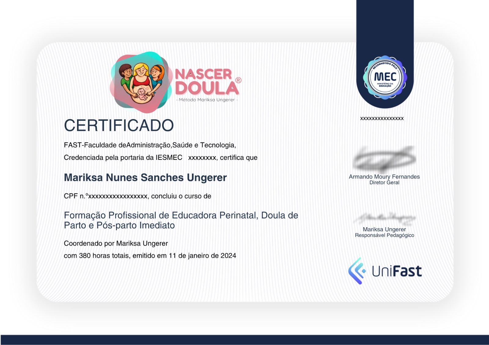 Modelo de certificado da Formação Nascer Doula emitido pela UniFAST